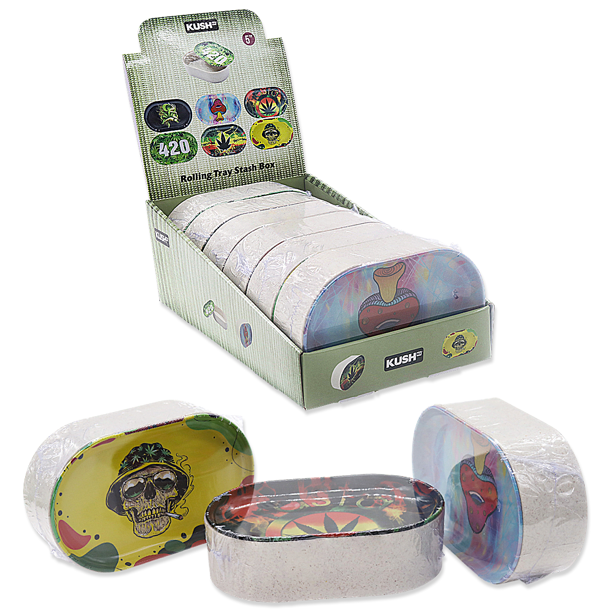 KUSH RX Mixed Designs Rolling Tray Stash Box (KSB6) | 6 Count Display | Assorted Colors product image